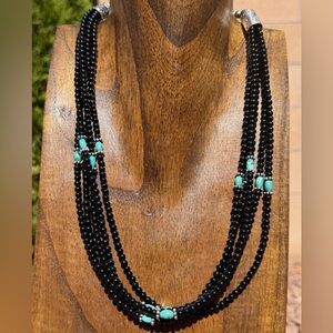 Sterling Silver Multi Strand Black Onyx Turquoise Bead Necklace. 22 Inch